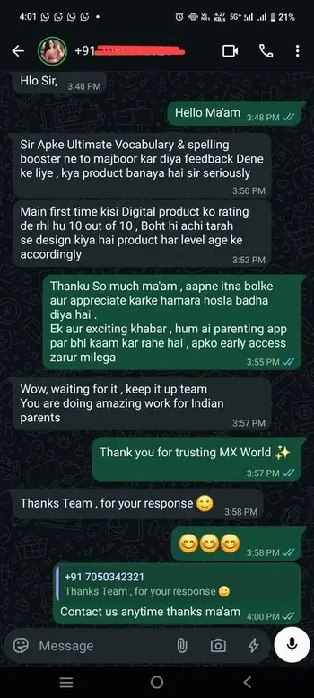Real customer WhatsApp review - Vocabulary Booster